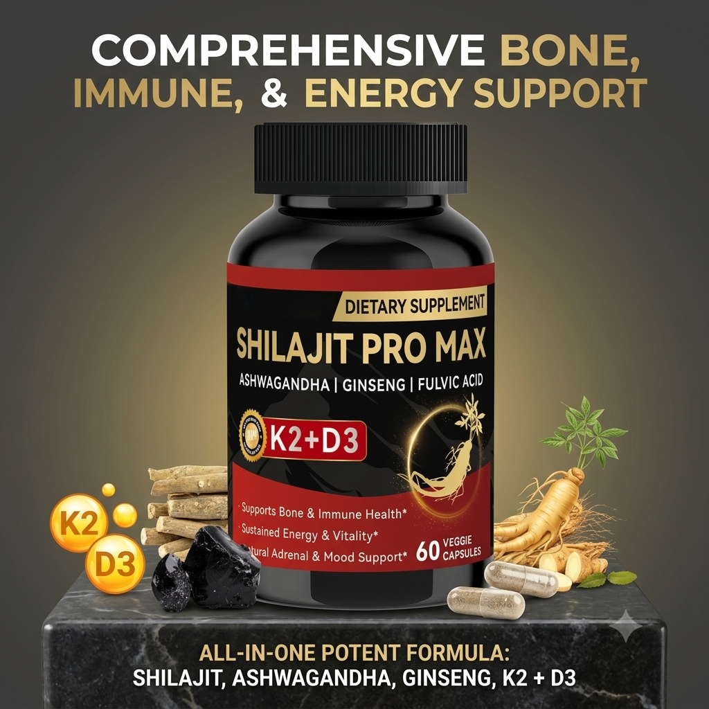Shilajit Capsules with Ashwagandha, Ginseng, Vitamin K2 &a D3 – Daily Energy, Bone & Immune Support