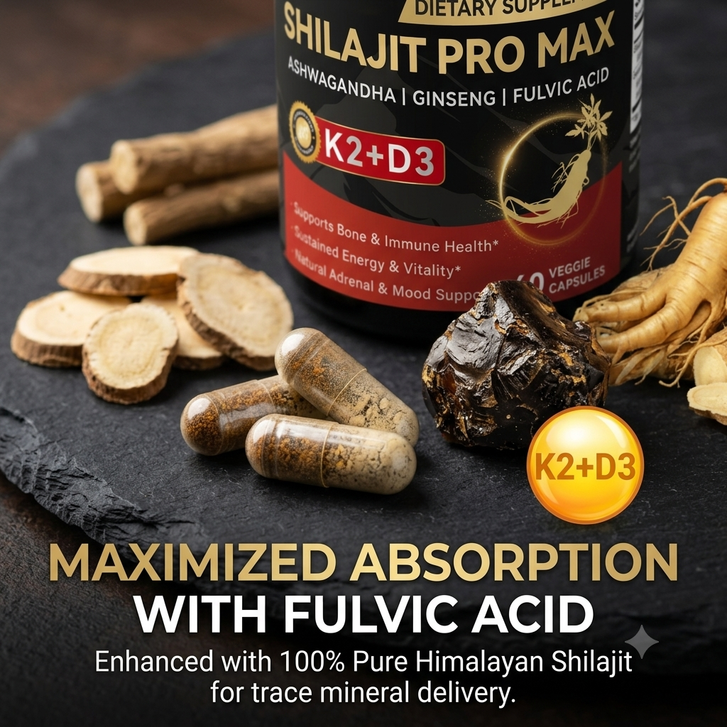 Shilajit Capsules with Ashwagandha, Ginseng, Vitamin K2 &a D3 – Daily Energy, Bone & Immune Support