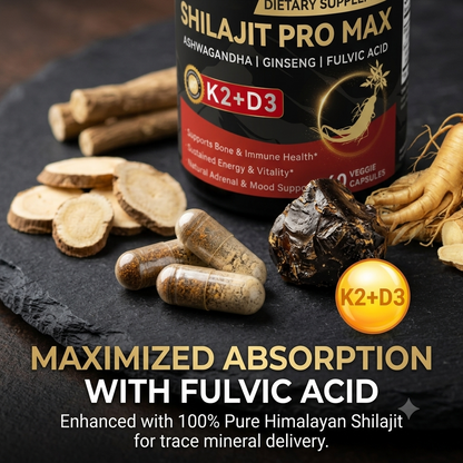 Shilajit Capsules with Ashwagandha, Ginseng, Vitamin K2 &a D3 – Daily Energy, Bone & Immune Support