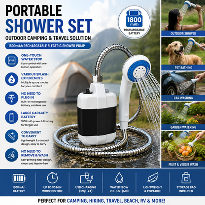 Portable Rechargeable Camping Shower – Electric Shower Pump with Handheld Sprayer (1800mAh)