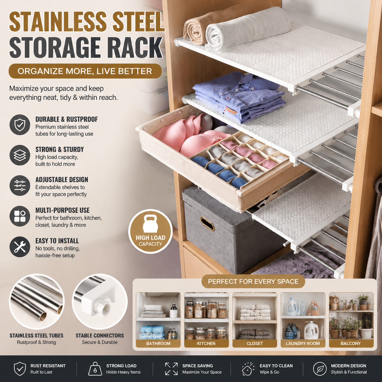 Stainless Steel Bathroom Storage Rack Tube Shelving Organizer for Home