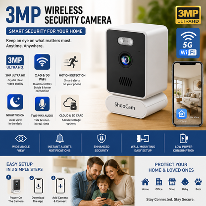 3MP WIFI 2.4G/5G Wireless CCTV with Motion Detection, Night Vision & Two-Way Audio