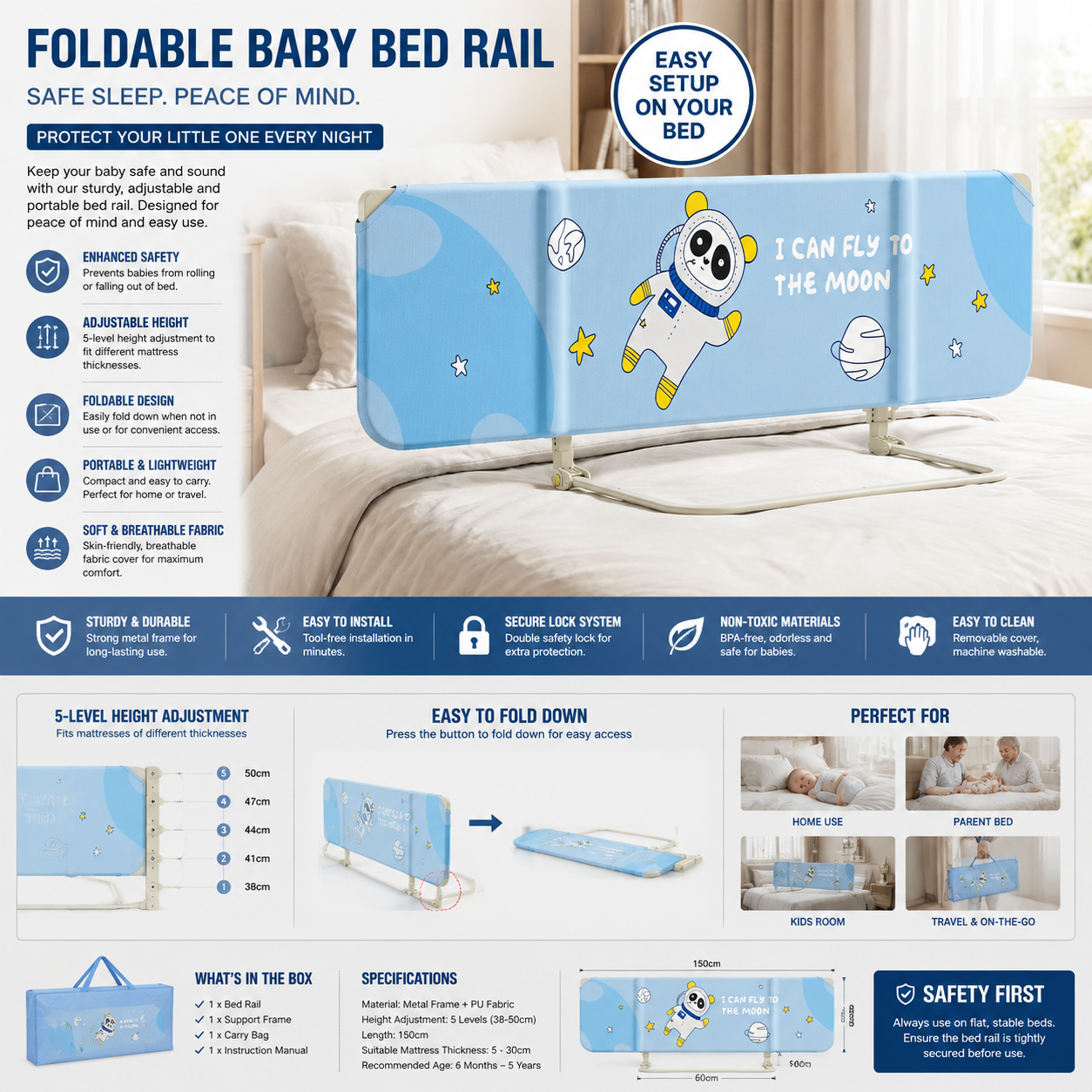 Adjustable Height Safety Guardrail for Infants & Toddlers with Portable Design